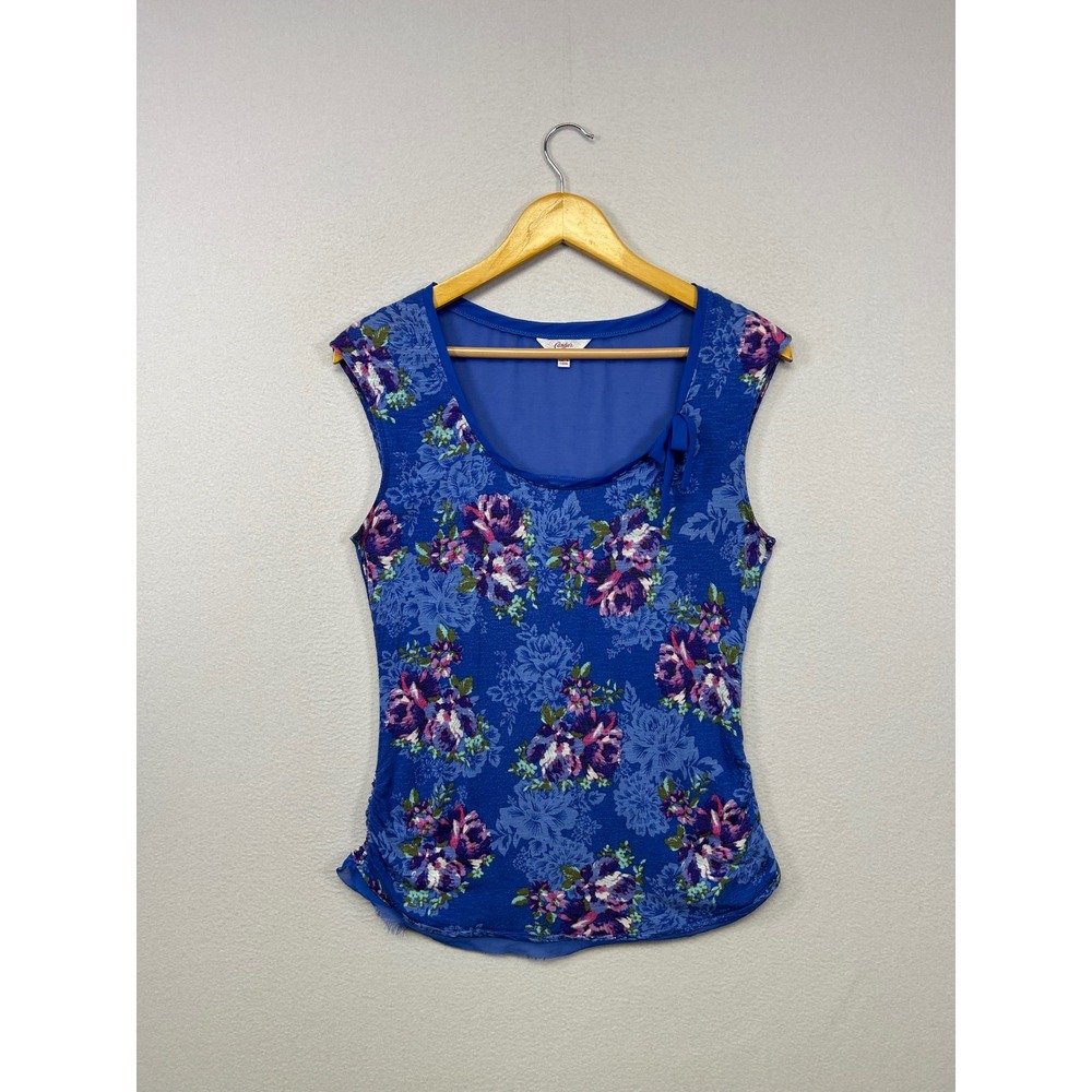 Cottagecore Candies Women Large Blue Floral Cap Sleeve Ruched Mesh Back Top